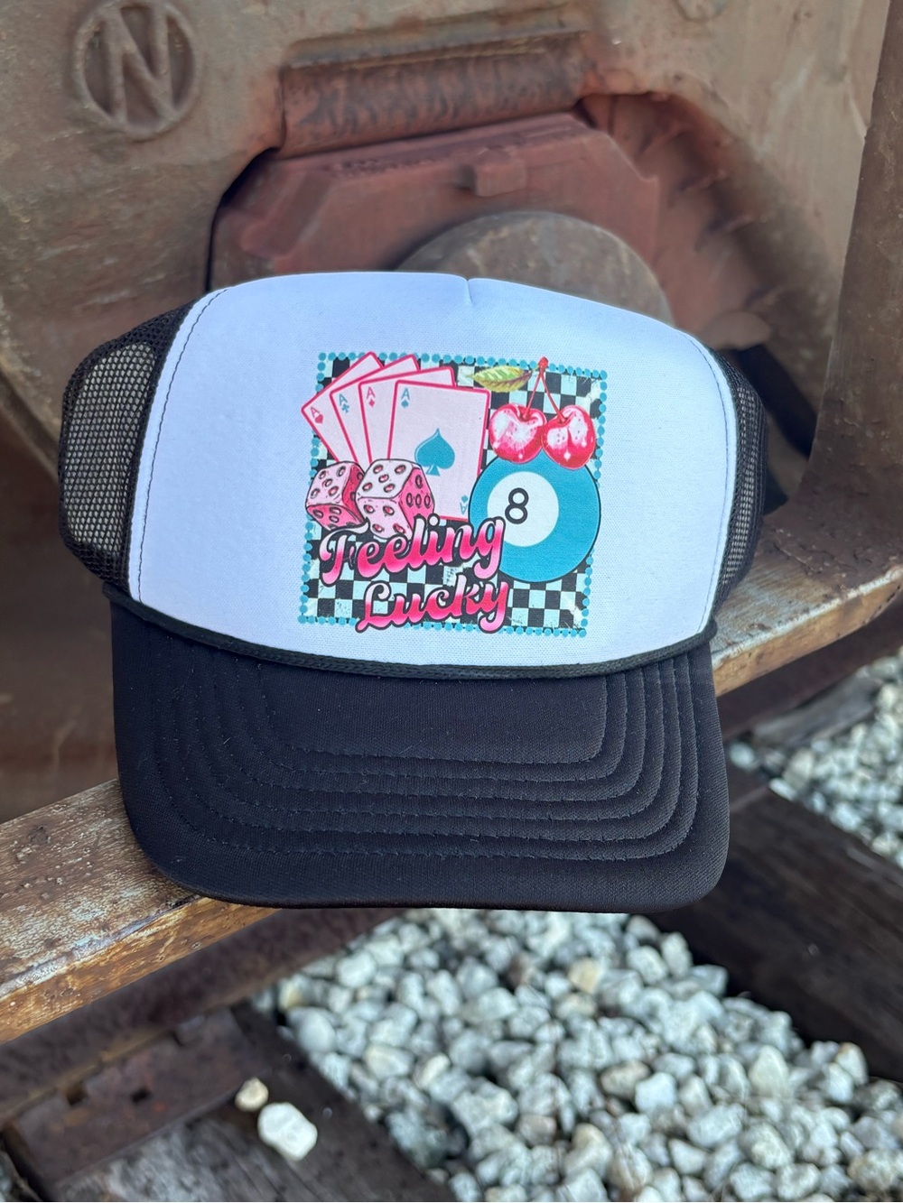 Feeling Lucky Casino Trucker Hat Mesh Back Adjustable Snapback Black White